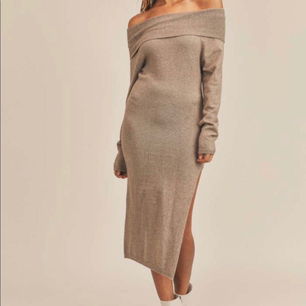 Off Shoulder Foldover Bodycon Sweater Dress Mocha Small - Picture 2 of 4